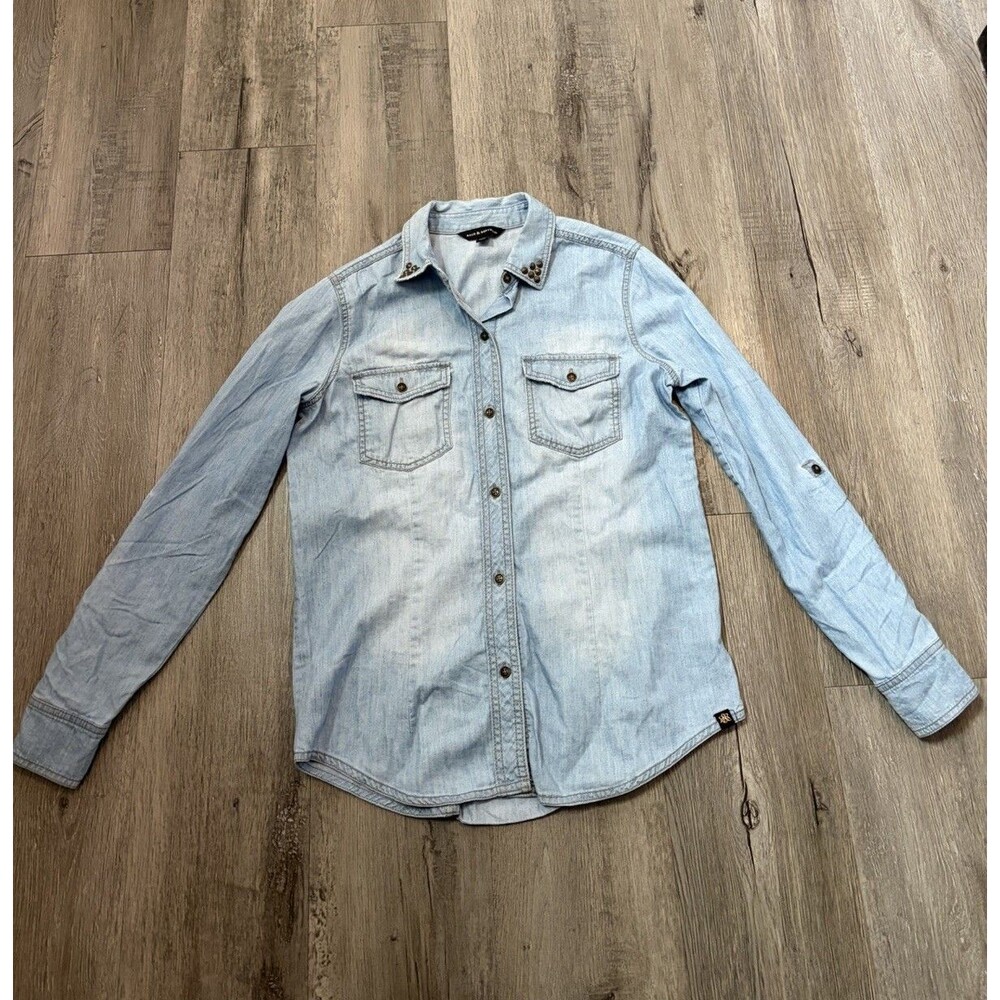 Denim Button Shirt With Metal Studs Cool Rock Roll Sz Small Rock And Republic
